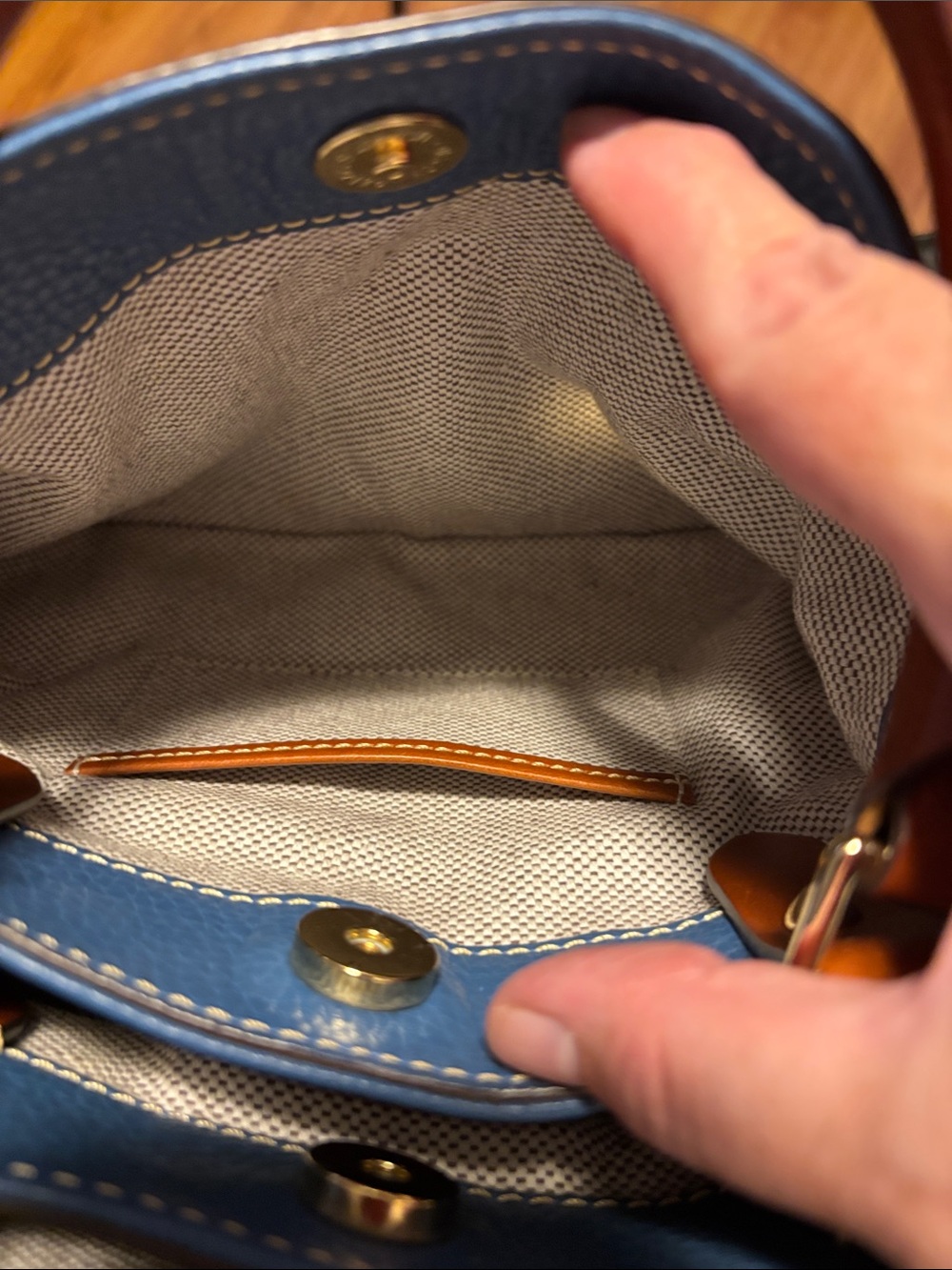 Dooney & Bourke Blue Pebbled Leather Satchel with Brown Trim and Wristlet - Picture 16 of 16